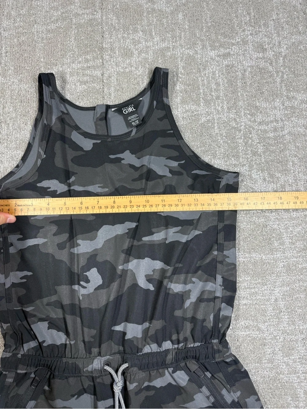 Athleta Girl On the Go One Piece Romper Black Camouflage Drawstring Waist Sz XL